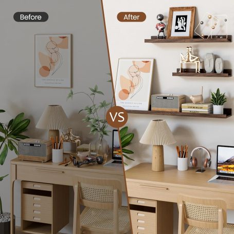 Modular floating wall shelves displaying books and decor in a Scandinavian-style home office, maximizing vertical space.