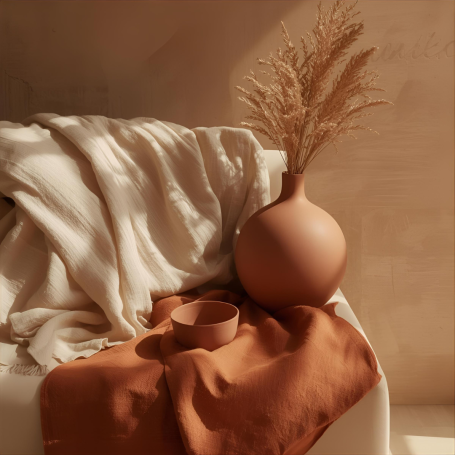 Decorative terracota vase and throw