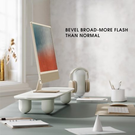 Minimalist PC stand elevating monitor for ergonomic viewing, Light wood Scandinavian monitor stand elevating laptop in minimalist workspace