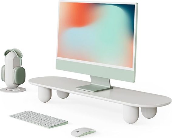 Light wood Scandinavian monitor stand elevating laptop in minimalist workspace