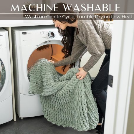 Oversized chunky knit wool throw blanket in neutral tones, washable in a washing machine