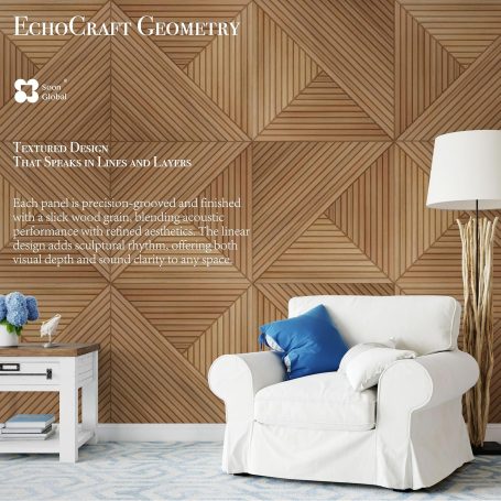 Decorative acoustical wall panels with Arcadian Vortex pattern, enhancing sound quality and aesthetic in a Scandinavian-inspired workspace