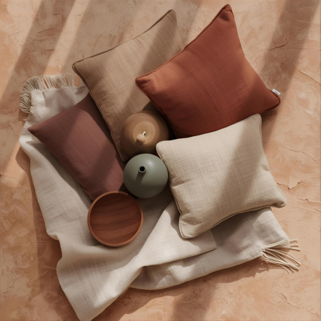 Neutral color pillow, vase, throw blanket