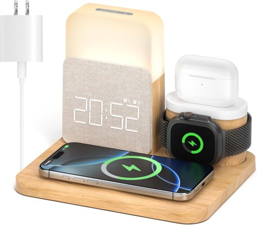 Bamboo wireless charging station for iPhone, AirPods, and Apple Watch, maintaining a clutter-free and minimalist desk setup