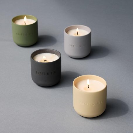 Ceramic candles, olive green, ink, vanilla and grey