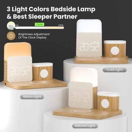 Bamboo wireless charging station for iPhone, AirPods, and Apple Watch, maintaining a clutter-free and minimalist desk setup